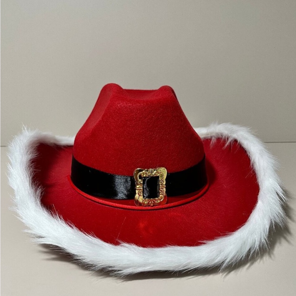 Christmas Santa or Mrs Claus Red Cowboy Hat with Gold Buckle